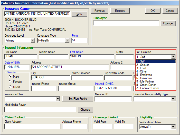 Patient Relationship Dropdown Options